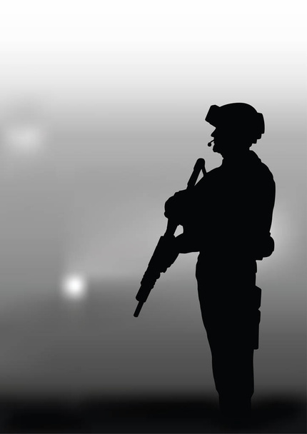 Gewapende soldaat op een donkere achtergrond. - Vector, afbeelding