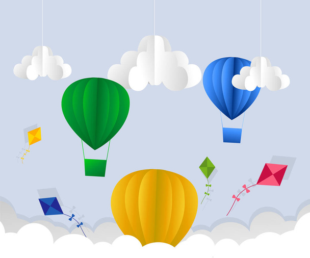 illustration of clouds, suns and hot air balloon origami flying on the sky on the sky.paper art style. - ベクター画像