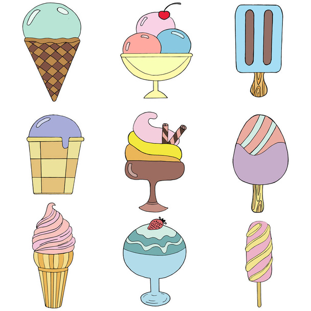 Cute hand drawn with different types of ice cream. Doodle texture with sweet desserts. Perfect background for cafe or restaurant menu. - Vettoriali, immagini