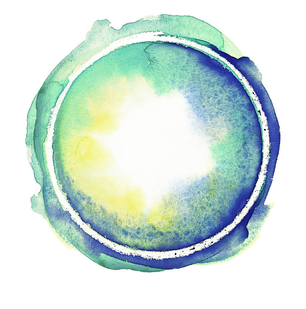 Blue, azure, emerald, green and yellow watercolor circle. Colorful hand made design elements. Blue wet hand painted round splash circle. - Photo, image