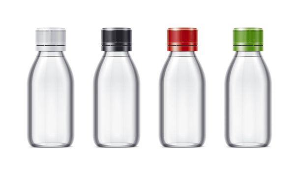 Flaschenattrappen für Sirup oder andere pharmazeutische Flüssigkeiten. transparente Flaschen - Foto, Bild