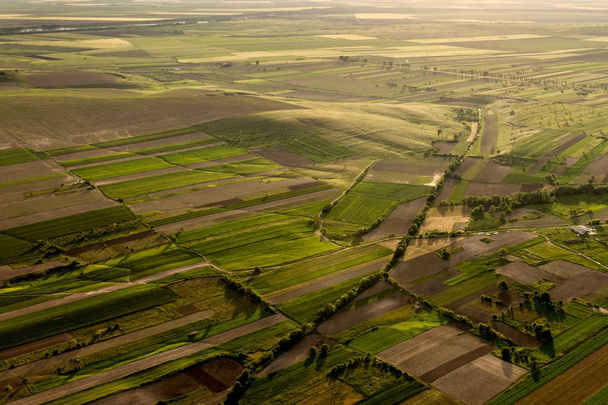 A légi felvétel több mint egy szép falusi jelenet, zöld mezők és a fák-arany óra-tavasszal, Dobrudzsa, Románia - Fotó, kép