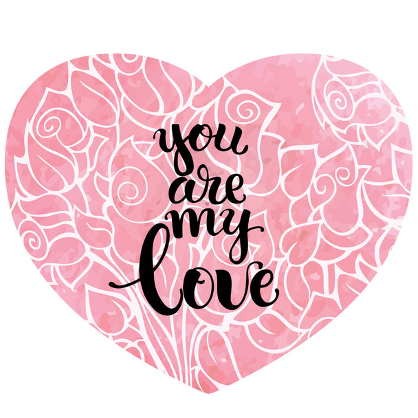 Hand drawn calligraphy and brush pen lettering on pink watercolor. Greeting card for Valentines day. - Vektor, Bild