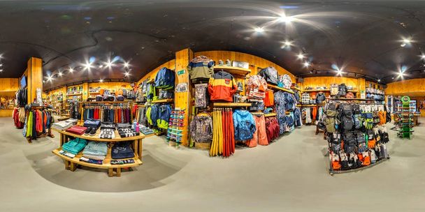 MOSCOW RUSSIA DECEMBER 21 2017  Shop sporting goods for active and extreme sports. Snowboards, skis, bicycles, skateboards. 3D spherical panorama, 360 viewing angle. Full equirectangular projection. - Photo, image