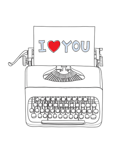 máquina de escrever eu amo você portátil mão retro desenhado vetor arte illus
 - Vetor, Imagem