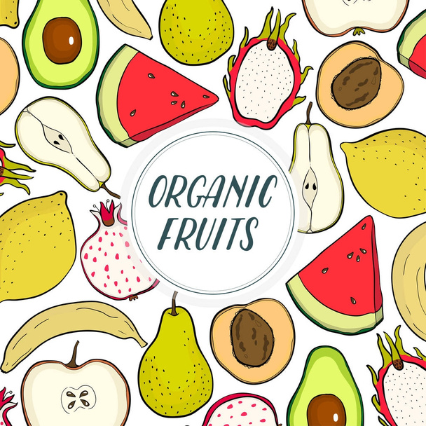 Vector fruit advertising organic fruits, leaflet, shop, watermelon, pear, avocado, apple, lemon, banana, peach - Vetor, Imagem