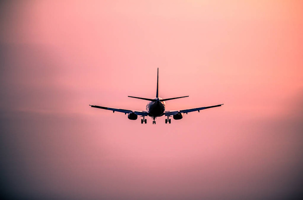 Samolot lądujący o zachodzie słońca - Zdjęcie, obraz