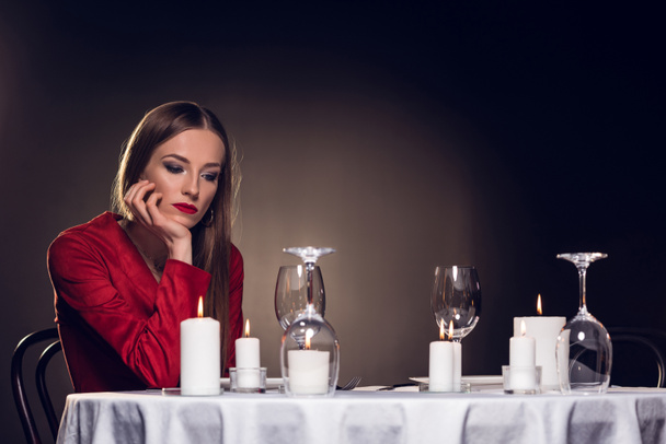 alone sad beautiful woman waiting for romantic date in restaurant - Photo, image