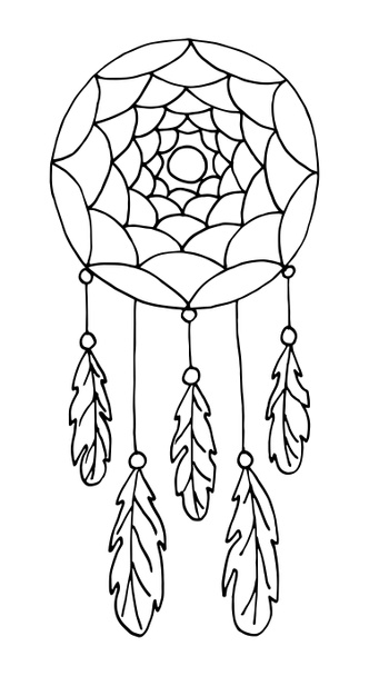 Иллюстрация с нарисованным вручную ловцом снов с перьями и бусами
. - Фото, изображение