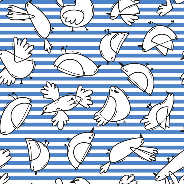 Seamless pattern with abstract birds on striped background. Simple line design. Funny seagulls in the marine style. Vector illustration - Vektör, Görsel