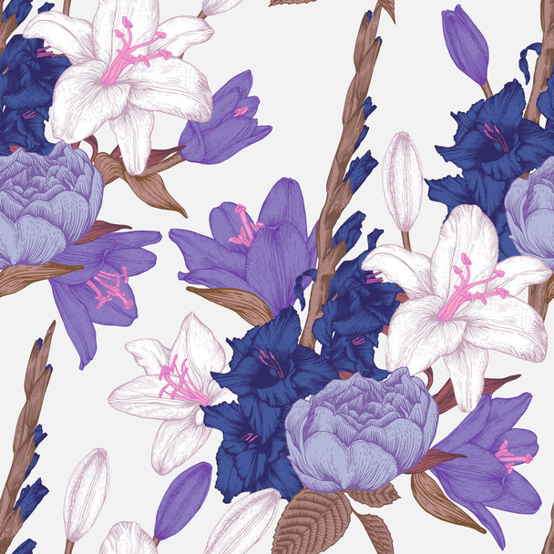 Motif floral vectoriel sans couture avec des fleurs de gladiole dessinées à la main, des lis et des roses dans un style vintage
 - Vecteur, image