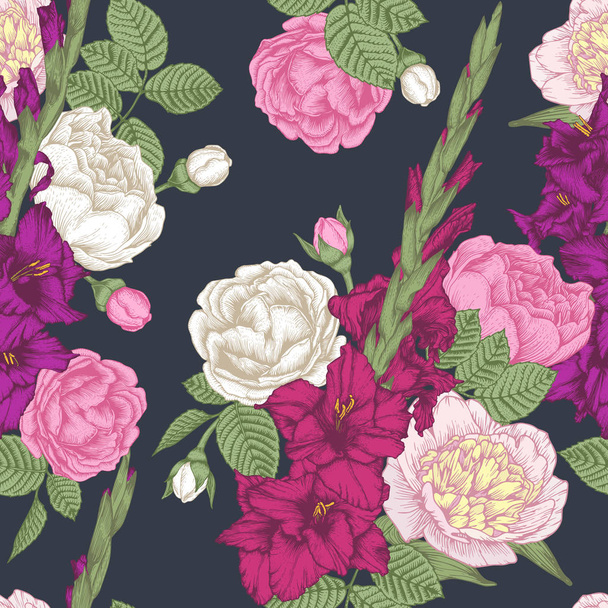 Vector floral seamless pattern with hand drawn gladiolus flowers, roses and peonies in vintage style - Vector, imagen