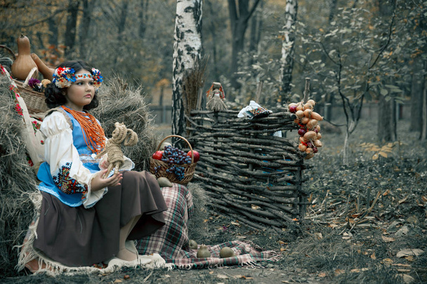 Tiener meisje zit in het hooi voor het dragen van een krans en nationale Oekraïens kostuum naast de fruitmand - Foto, afbeelding