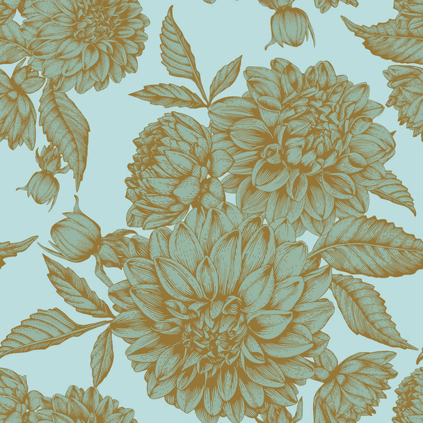 Vector floral seamless pattern with hand drawn dahlias - Вектор,изображение