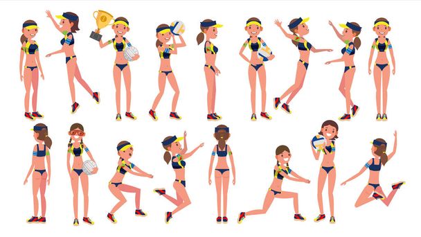 Woman Beach Volleyball Player Vector. Sporting Championship People. Different Position. Cartoon Character Illustration - Vector, Image
