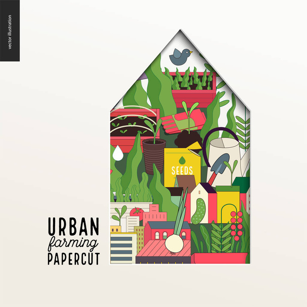 Papercut - πολύχρωμο πολυεπίπεδη σπίτι στην αστική γεωργία - Διάνυσμα, εικόνα