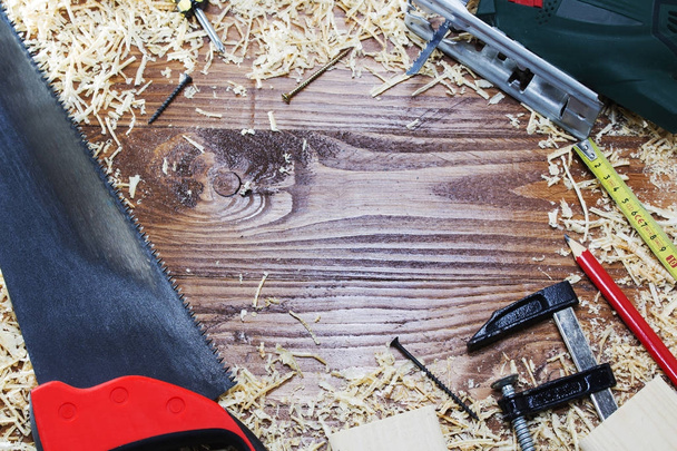 working tool carpenter ruler, chisel, pencil, sawdust and shavings. - Photo, Image