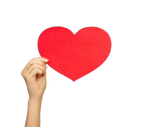 Тема поздравительных открыток: красивая женская рука с бумажной открыткой, красное сердце на белом фоне
 - Фото, изображение