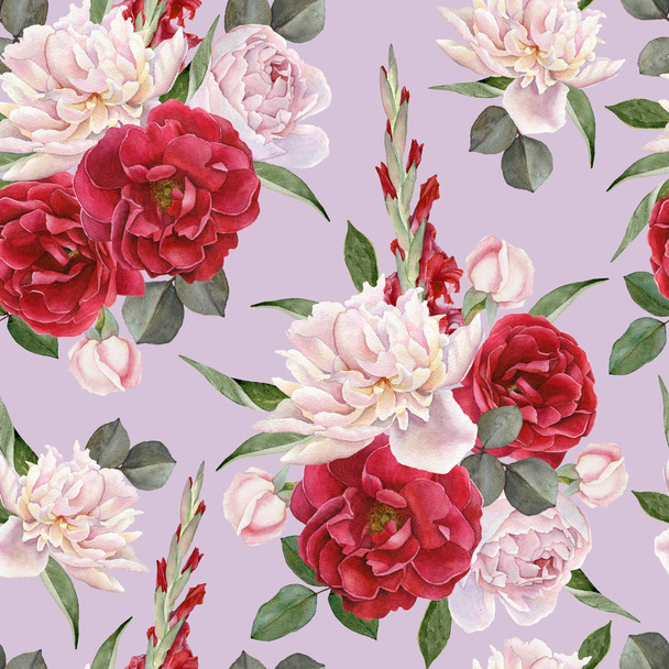Floral seamless pattern with hand drawn watercolor roses, white peonies and gladiolus flowers - Photo, image