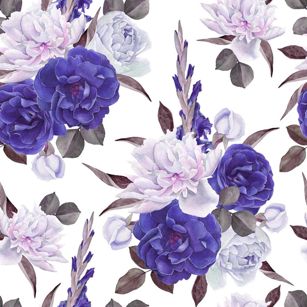 Floral seamless pattern with hand drawn watercolor roses, white peonies and gladiolus flowers - 写真・画像