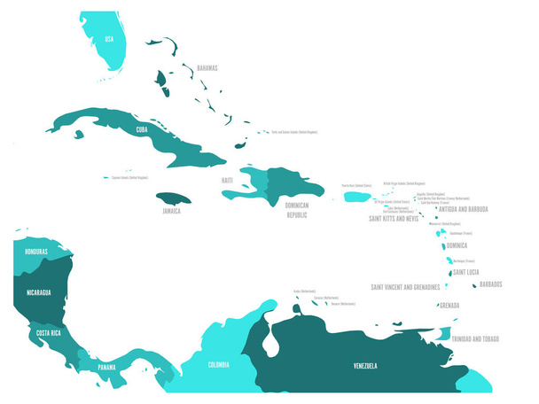 Midden-Amerika en Caribisch gebied staat politieke kaart in vier tinten van turquoise blauw met zwarte land namen etiketten. Eenvoudige platte vectorillustratie - Vector, afbeelding