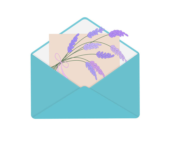 Letter in blue envelope with bouquet of lavender. - Vetor, Imagem