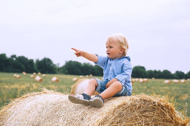 Cute toddler boy sitting on haystacks at wheat field.  - Zdjęcie, obraz
