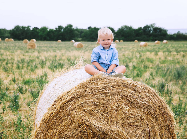 Cute toddler boy sitting on haystacks at wheat field.  - Zdjęcie, obraz