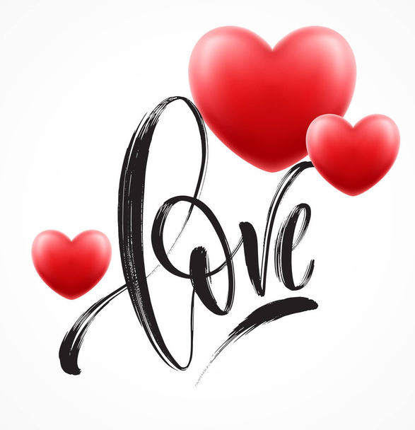 Love word hand drawn lettering with red heart. Vector illustration - Vector, Image