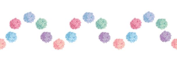 Vector Wave of Pastel Colorful Birthday Party Paper Pom Poms Set Horizontal Seamless Repeat Border Pattern. Great for handmade cards, invitations, wallpaper, packaging, nursery designs. - Vektor, kép