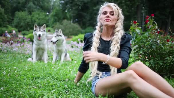 Sarışın bir kadın ve onun iki park çayır üzerinde arkasında Huskies köpekler. - Video, Çekim
