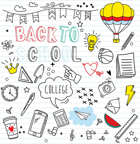 Kağıt arka plan üzerinde renkli doodle ayarla... Doodles'ın okul öğelere. - Vektör, Görsel