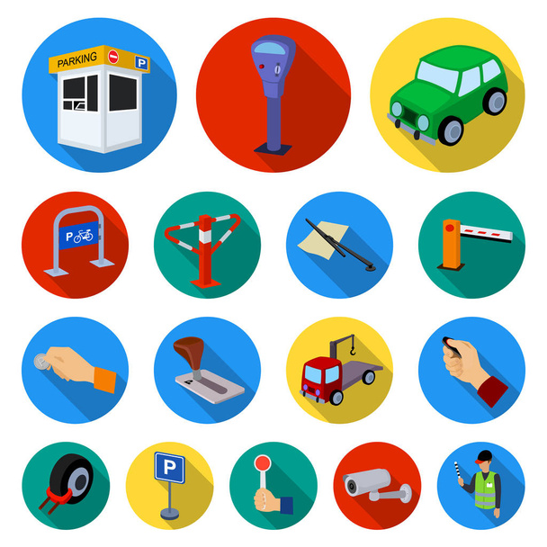 Parking for cars flat icons in set collection for design. Equipment and service vector symbol stock web illustration. - Vector, Image