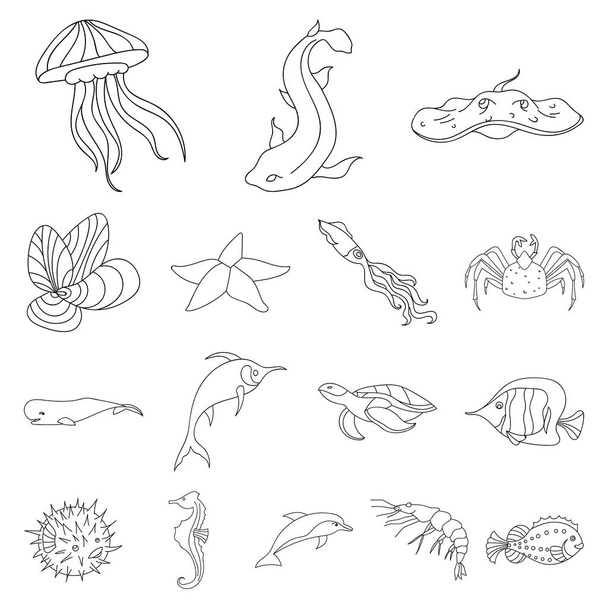 A variety of marine animals outline icons in set collection for design. Fish and shellfish vector symbol stock web illustration. - ベクター画像