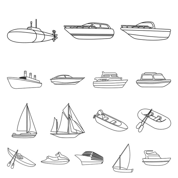 Vodní a námořní doprava osnovy ikony v nastavení kolekce pro design. Různé čluny a lodě symbol akcií webové vektorové ilustrace. - Vektor, obrázek