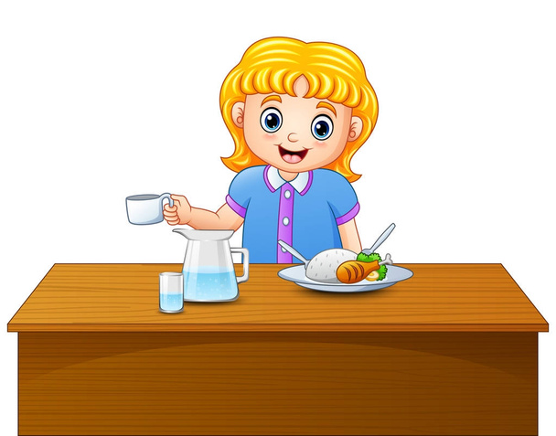 Vector illustration of Cute blonde haired girl eating on dining table - Vector, Image
