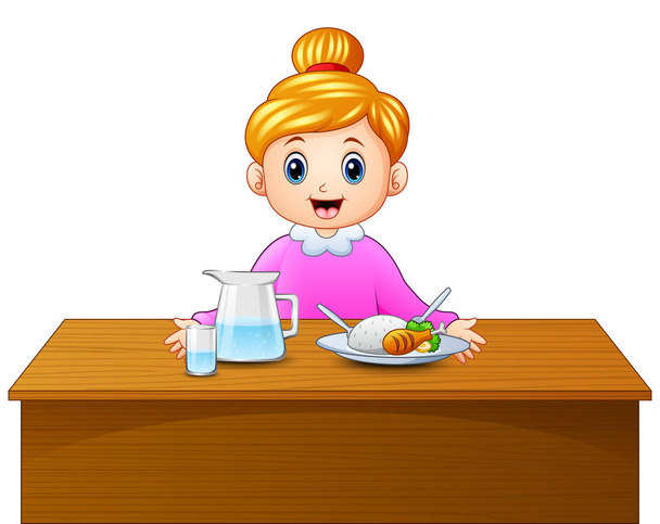 Ilustración vectorial de dibujos animados madre rubia feliz y comida saludable en la mesa de comedor
 - Vector, Imagen