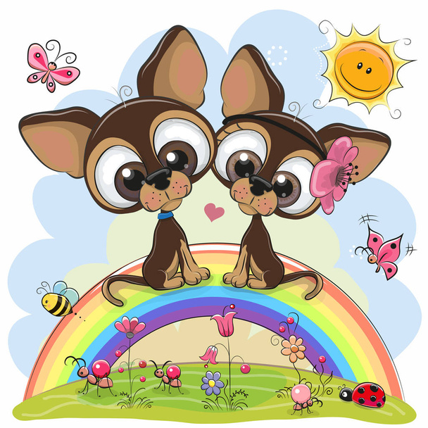 Two Cute Puppies are sitting on the rainbow - Vetor, Imagem