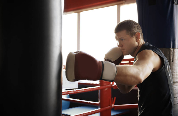 Boxer training with punchbag in gym - Photo, image