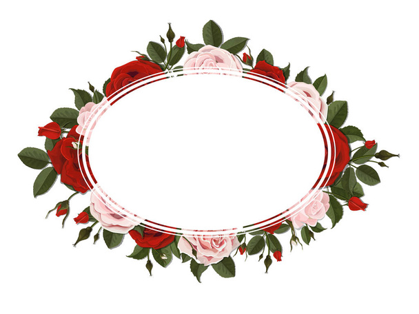 Oval greeting card on red and pink rose flowers - Διάνυσμα, εικόνα