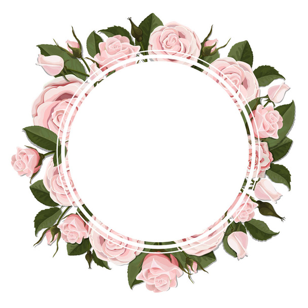 Circle greeting card on pink rose flowers - Vector, afbeelding