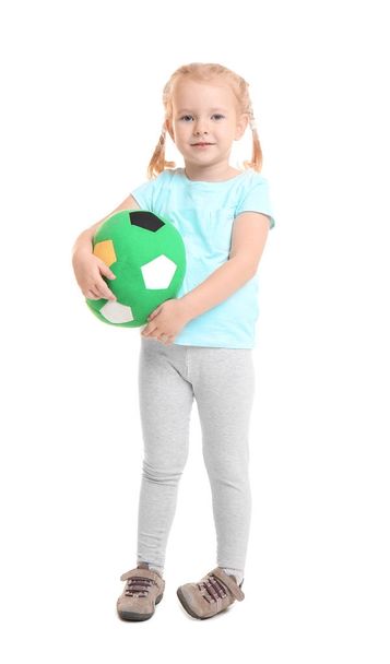 Cute little girl holding ball on white background - Fotoğraf, Görsel