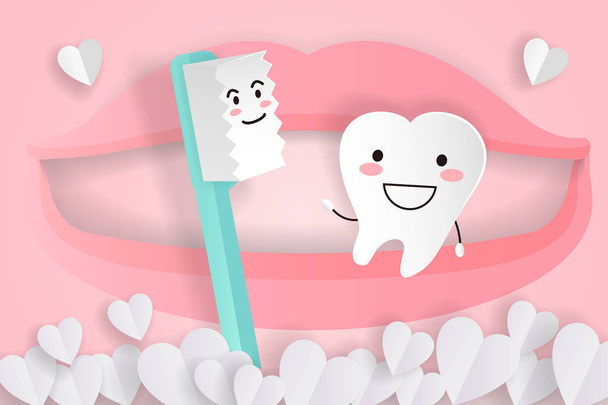 cute cartoon tooth and brush - Vector, Image
