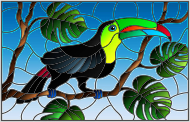 Illustration in stained glass style bird Toucan on branch tropical tree against the sky - Vector, Image