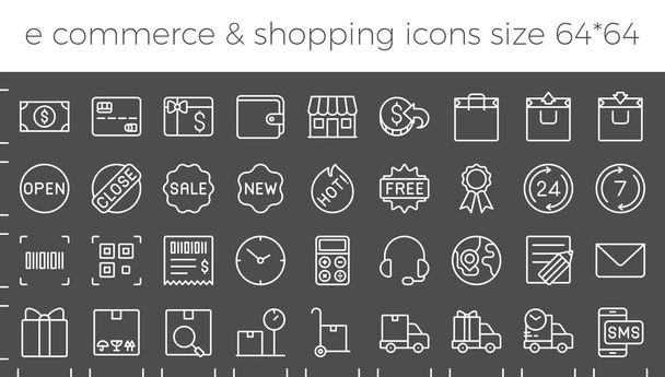 Web sitesinde online iş için E ticaret, alışveriş ve teslimat Icons set ve apps boy 64 pix ile GRID, Çağrı Merkezi, dağıtım, satış, promosyonlar, gibi dönüş para politikası, çalışma saatleri build - Vektör, Görsel