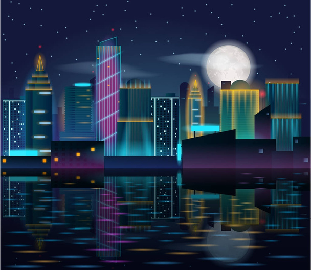 Großstadt-Nachtlandschaft mit Wolkenkratzern im Neonlicht. - Vektor, Bild