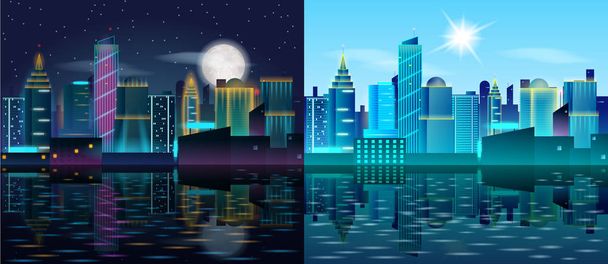 Grande ville jour et nuit paysage. Réflexion des bâtiments dans l'eau
. - Vecteur, image