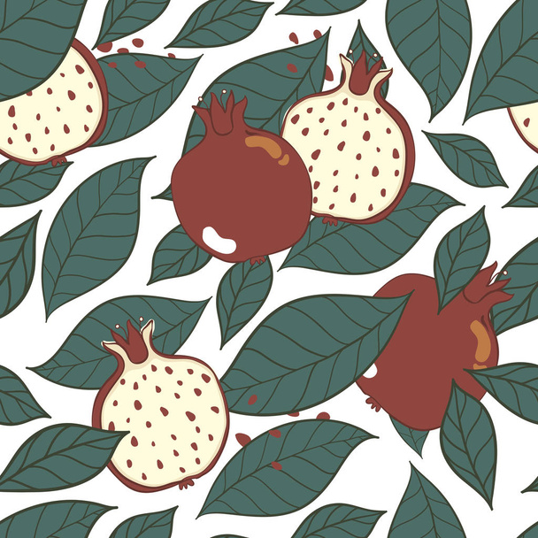 nahtlose dekorative Muster mit Granatäpfeln. Granatäpfel und Kerne in Scheiben geschnitten - Vektor, Bild