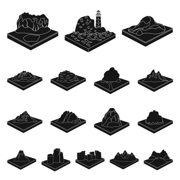 Mountains, massive black icons in set collection for design. The surface of the earth vector isometric symbol stock web illustration. - Vettoriali, immagini