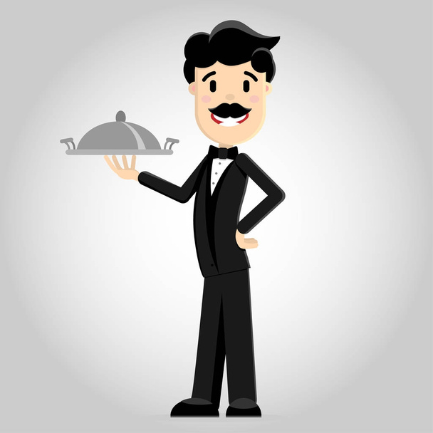 Vector illustration of a waiter in a black suit with a tray - Vector, Image